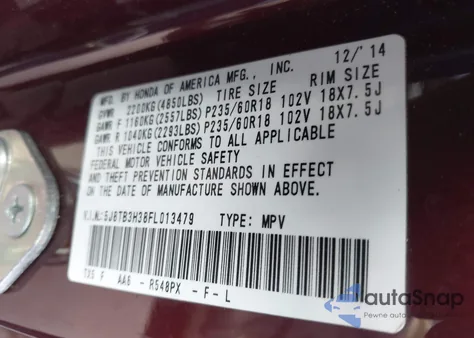 2015 Acura Rdx from USA, damaged, VIN 5J8TB3H38FL013479